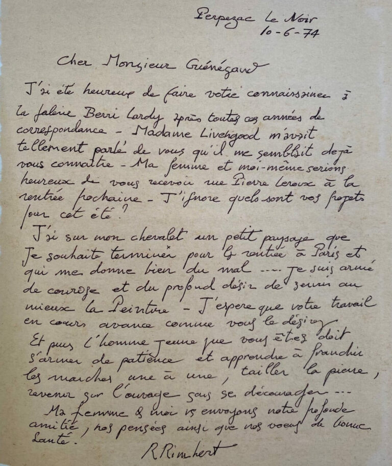 Lettre René Rimbert à Pierre Guénégan - Une rencontre