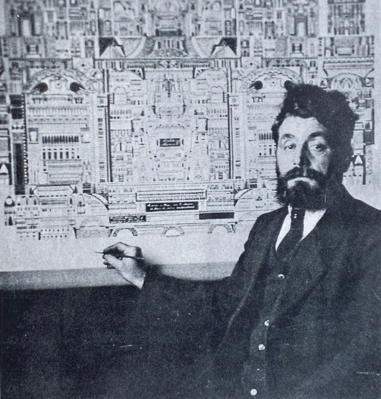 Augustin Lesage devant sa toile : Composition symbolique ou tombeau Mizalla, durant une exposition en 1925