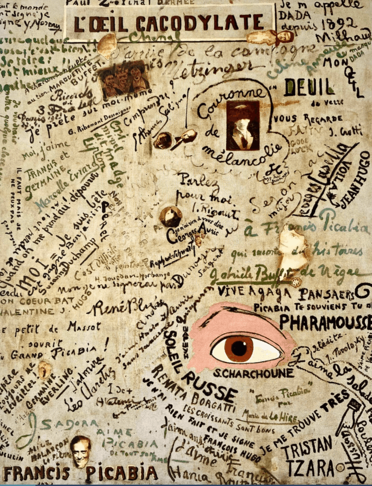 "L'Oeil cocodylate", 1921. Francis PicabiaHuile sur toile avec la signature de nombreux artistesCelle de Charchoune sous l'oeil