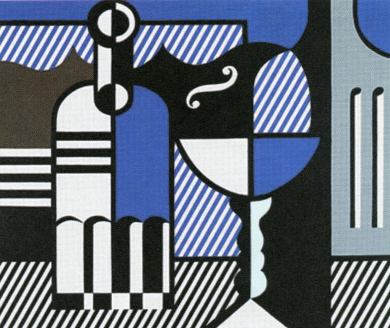 Nature morte - Bouteilles et Guitares, Huile sur toile, 1975,  Roy Lichtenstein,  futur maître du Pop Art